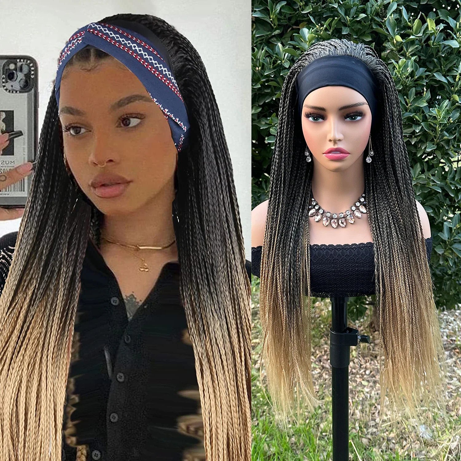 Headband Box Braids Wig | Ombre Brown | Long Braided Dreadlock Wig | Synthetic Hair | Cosplay & Daily Use