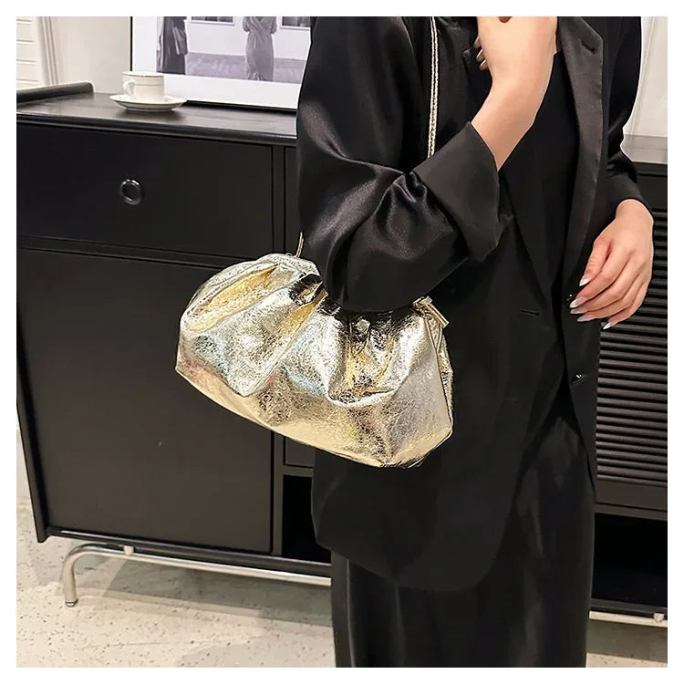 Small Luxury Design Women's Leather Silver Cloud Bag | Gold Crossbody & Ladies Party Clutch Purse (Sequined, Ruched Handbag)