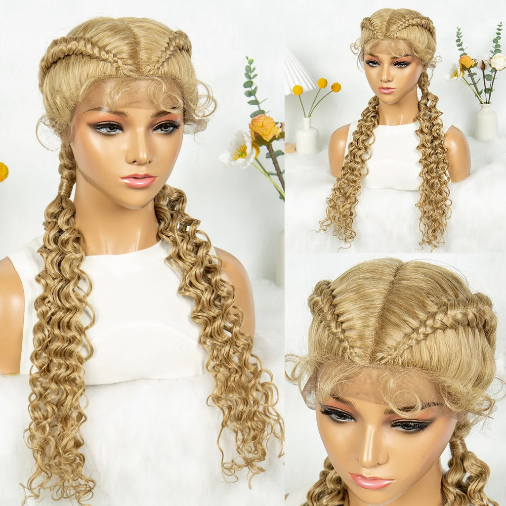 KIMA Blonde Dutch Twins Braids Wig | Full Lace Cornrows & Curly Ends