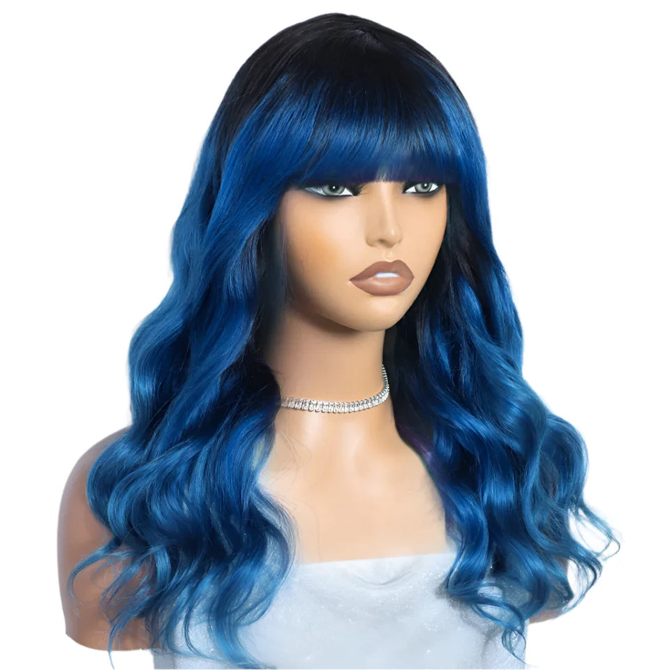 22" T1B/Purple Body Wave Wig with Bangs | "Put On & Go" Full Machine Made Human Hair