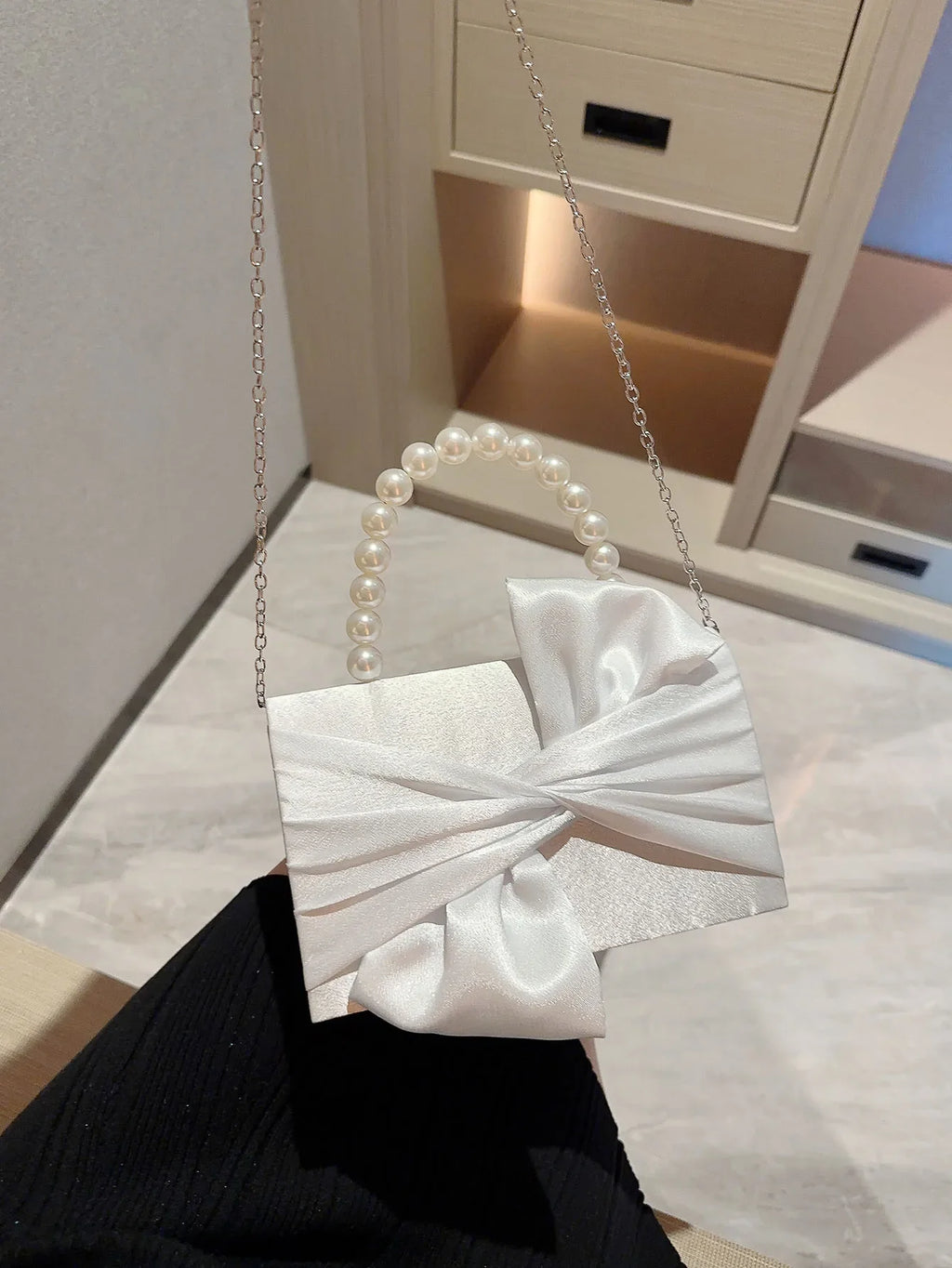 Lady Exquisite Flower Evening Bag | White Wedding Bag & Faux Pearl Handheld Banquet Bag (Party, Prom, Dress Bag)
