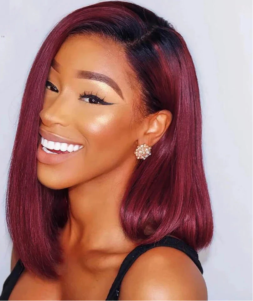Wine Red Ombre 1B-99J Straight Bob Wig | 13x4 Transparent Lace Front Brazilian Human Hair