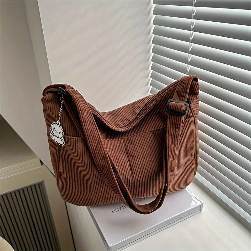 Women's Corduroy Shoulder Bag | Casual Striped Large Capacity Tote with Zipper (Cute Hat Patch, Everyday Use)
