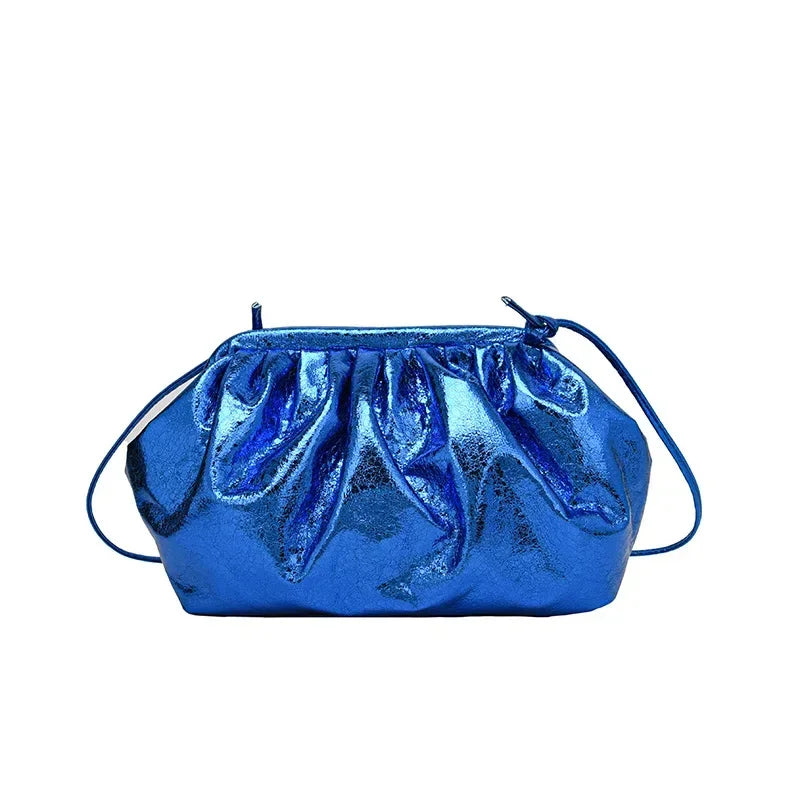 Small Luxury Design Women's Leather Silver Cloud Bag | Gold Crossbody & Ladies Party Clutch Purse (Sequined, Ruched Handbag)