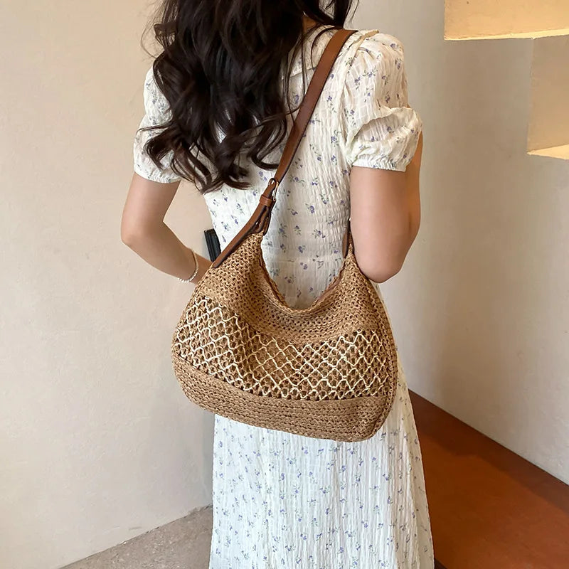 Large Capacity Summer Straw Weaving Shoulder Bag | Women's Handmade Crochet Beach Handbag & Woven Hollow Out Underarm Knitting Bag