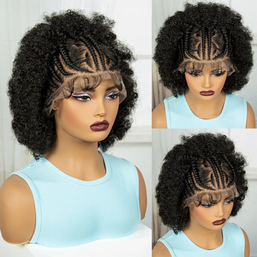 Short Afro Kinky Curly Cornrow Braids Wig | HD Full Lace | Baby Hair