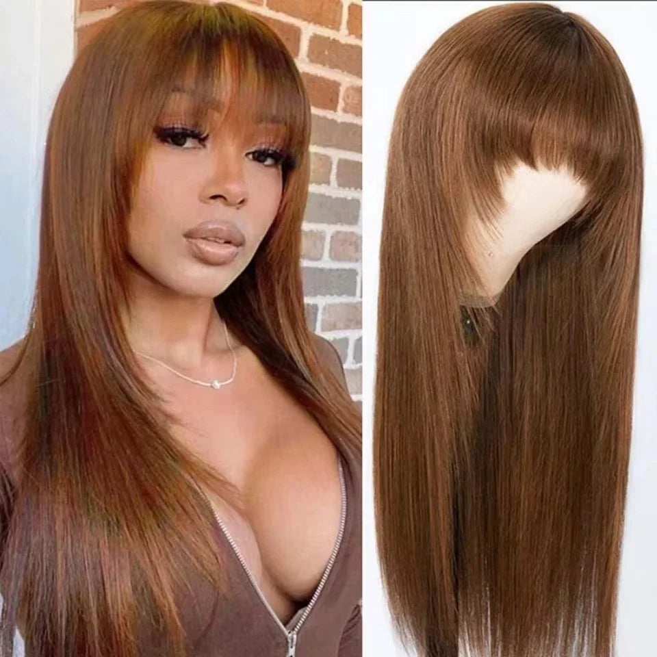 Reddish Brown Human Hair Wig with Bangs | Easy Layer Cut Straight Remy Hair for Women (Affordable)