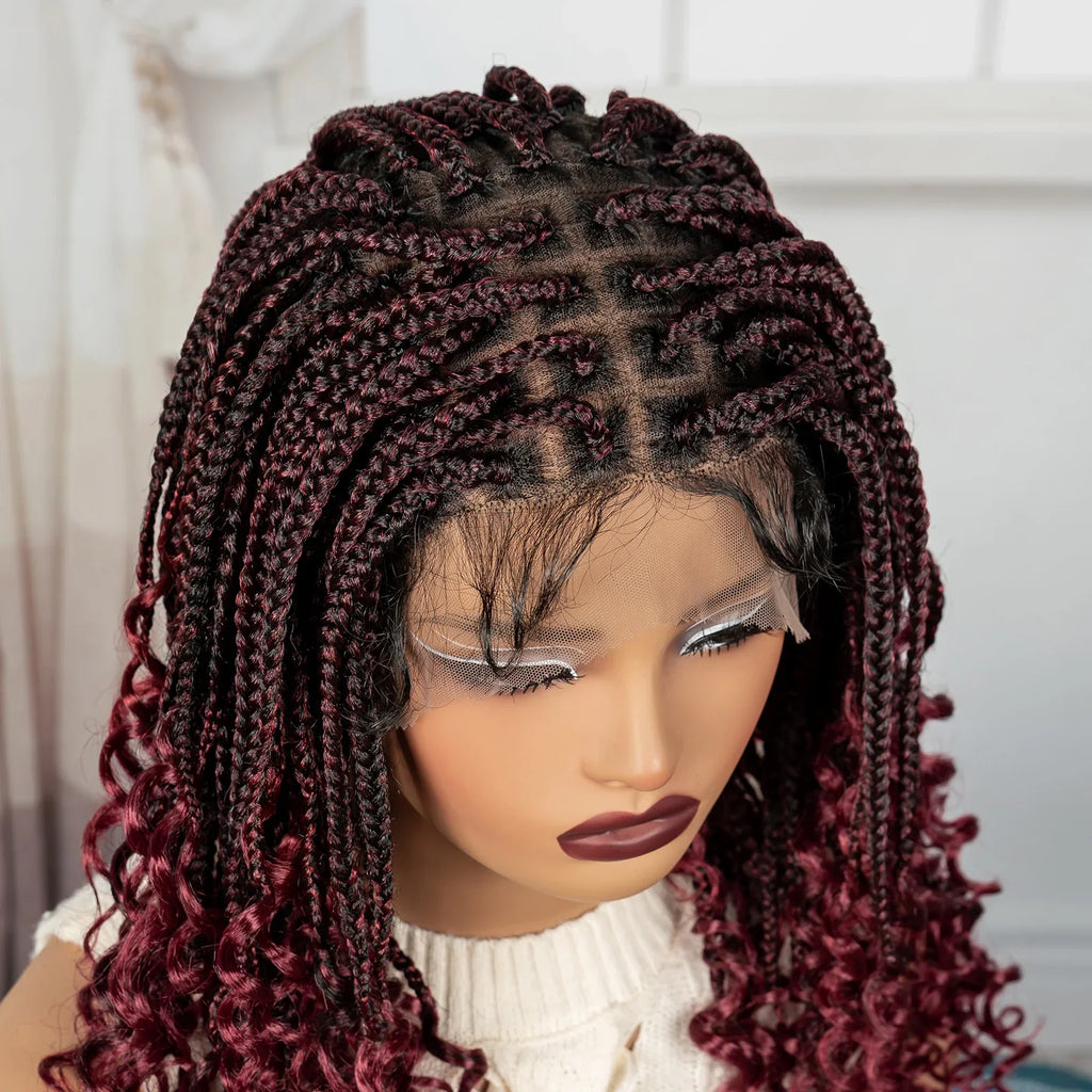 Ombre Boho Knotless Braids Bob Wig with Curly Ends | Full Lace