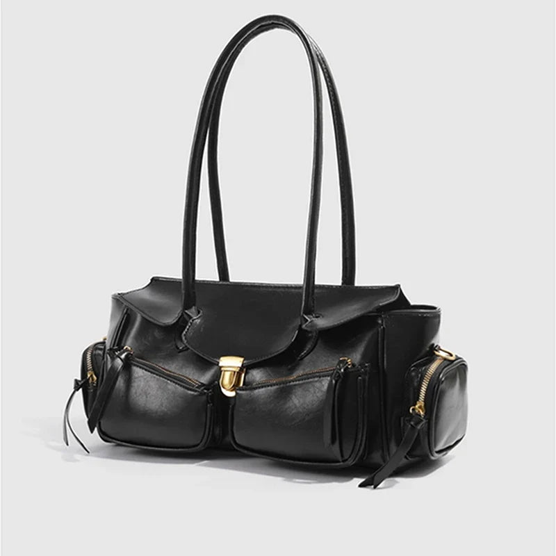 Vintage Underarm Bag for Women | Soft Split Leather Multi-Pocket Shoulder Handbag (Luxury Designer, Half Moon Shape)