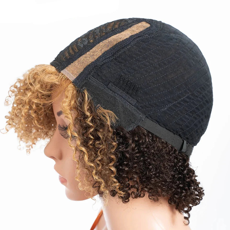 Ombre Honey 4/27 Afro Kinky Curly Bob Wig | Short Human Hair Lace Wig with Baby Hair