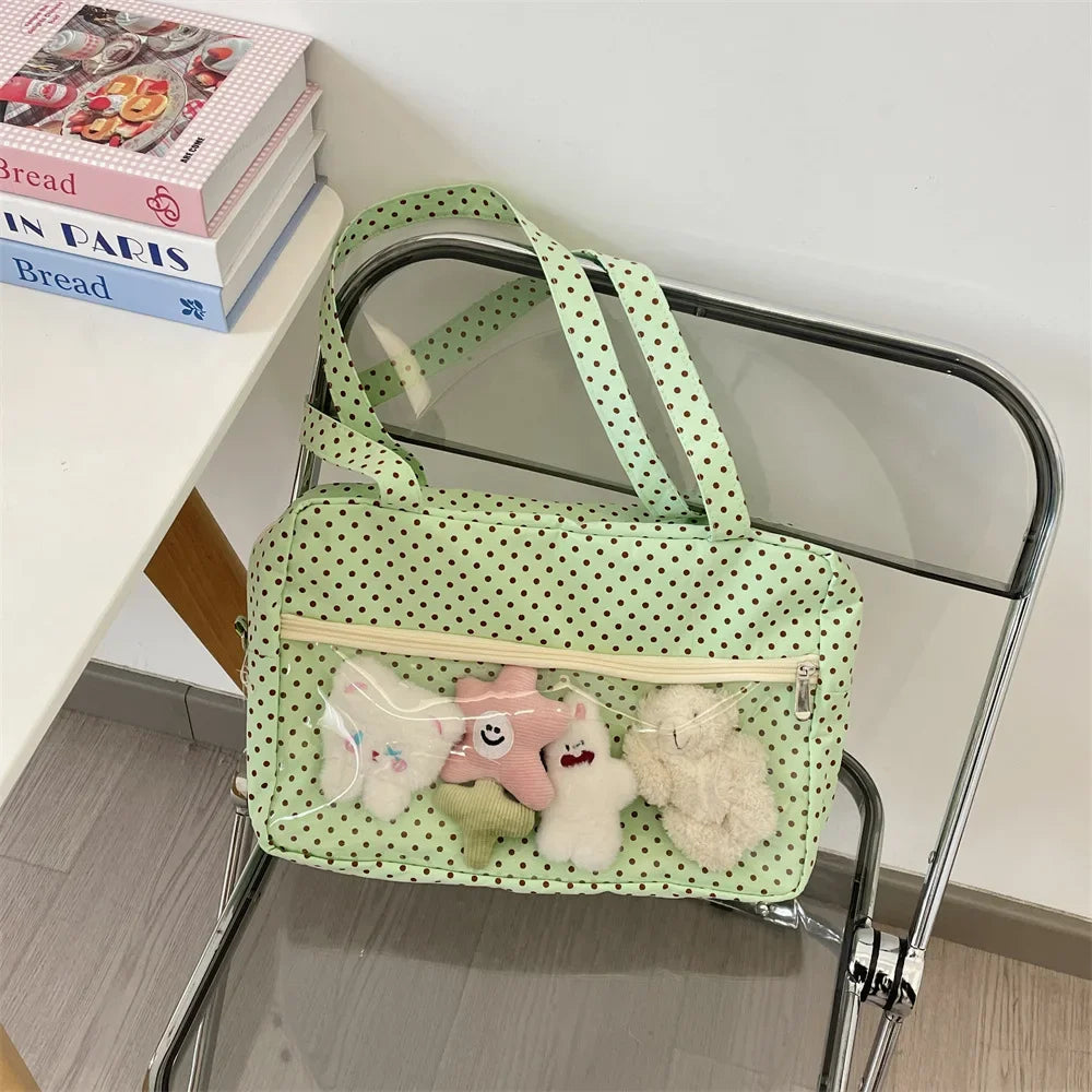 Y2K Ulzzang Ita Bag for Women | Trendy Polka Dot Canvas Shoulder & Underarm Tote (Transparent Pocket, Youth Fashion)