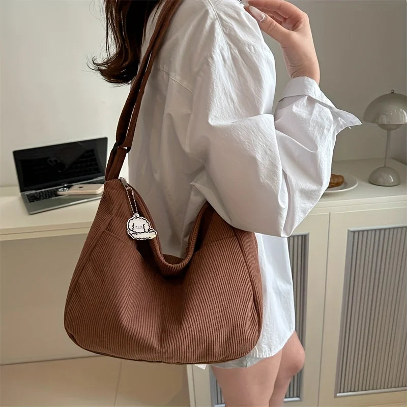 Women's Corduroy Shoulder Bag | Casual Striped Large Capacity Tote with Zipper (Cute Hat Patch, Everyday Use)