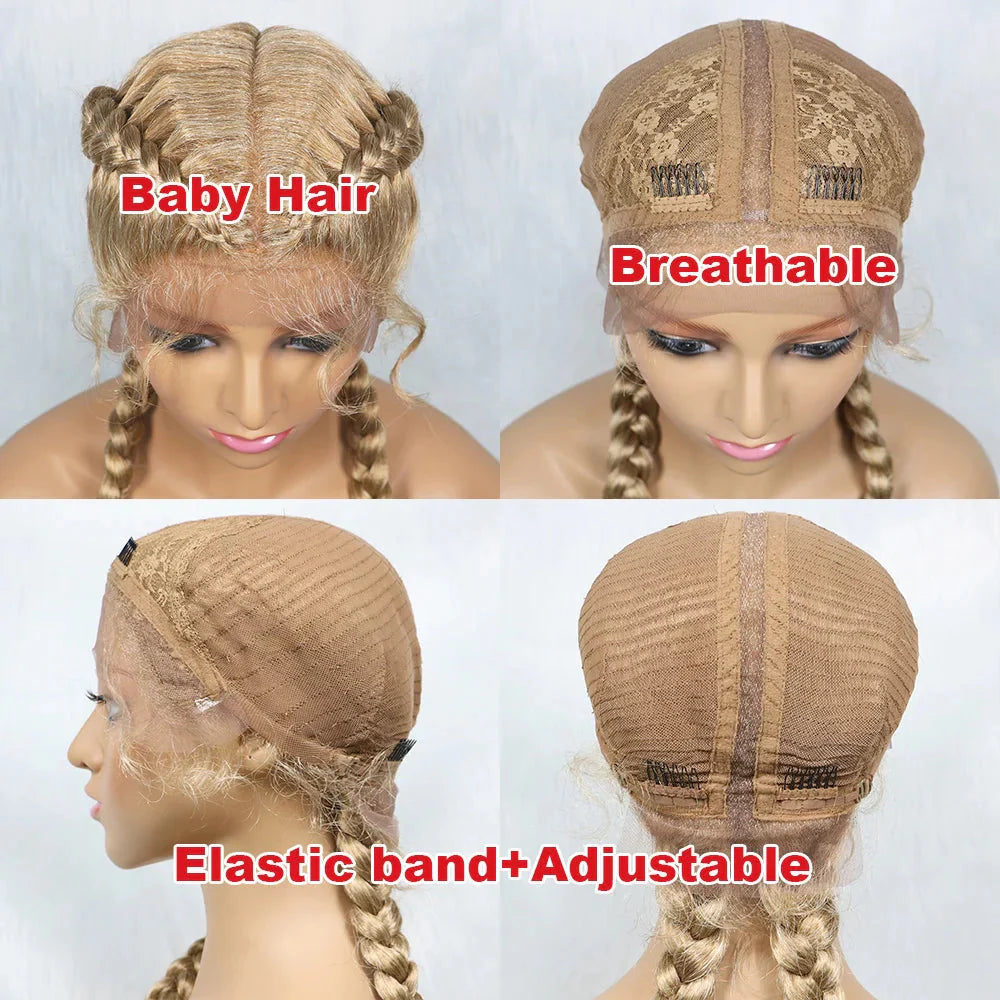 Handmade Double Dutch Cornrow Braided Wig | Natural Black Lace Front | Baby Hair | Kanekalon Synthetic Wig for Women
