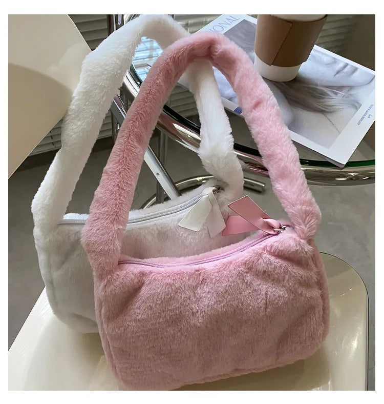 Simple Design Women's Soft Plush Hobo Shoulder Bag | Winter Furry Ladies Clutch Purse & Handbag (Fashion Female Underarm Bag)