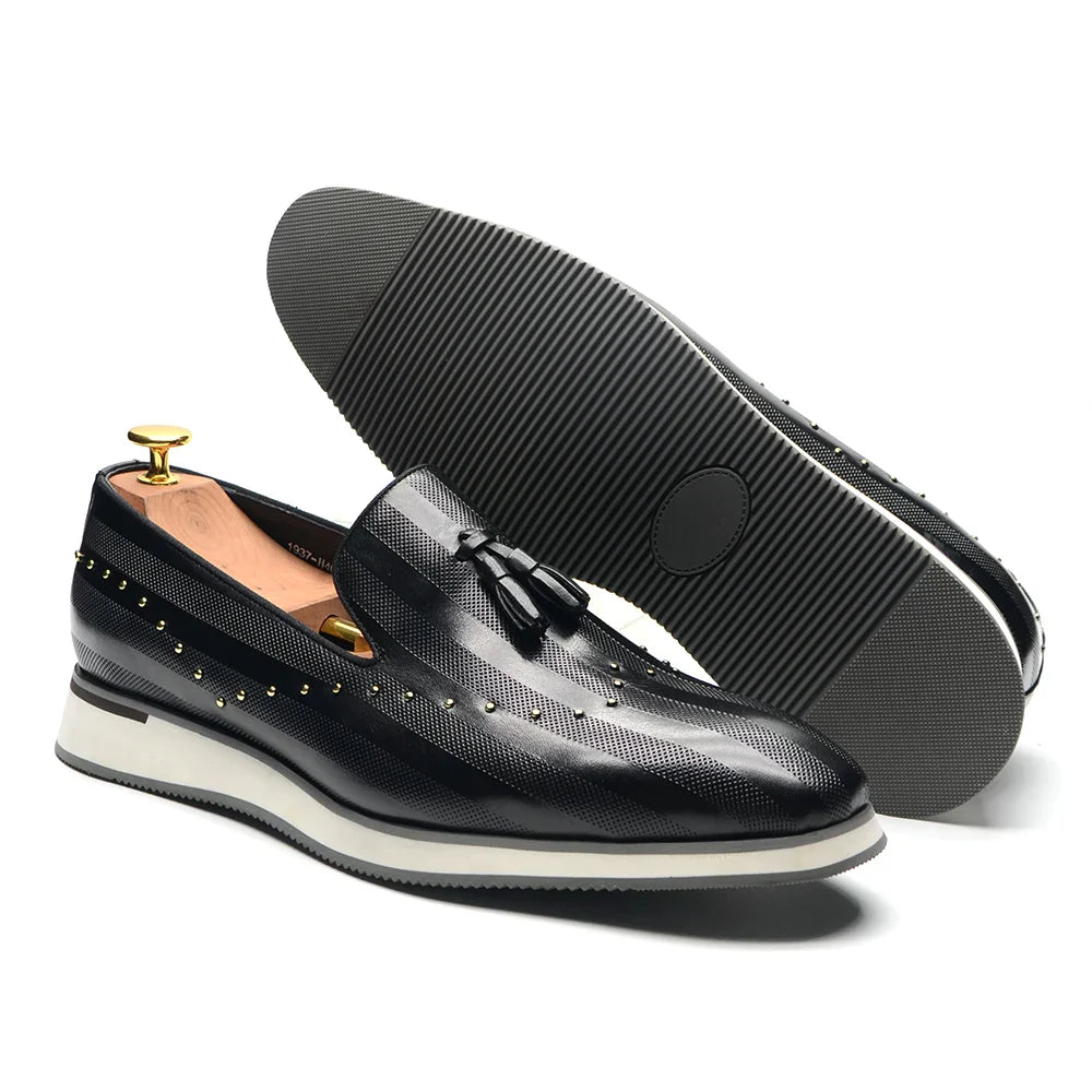 Top Grade Luxury Men's Genuine Leather Loafers | Original Stripe Rivets & Tassel Casual Flat Shoes