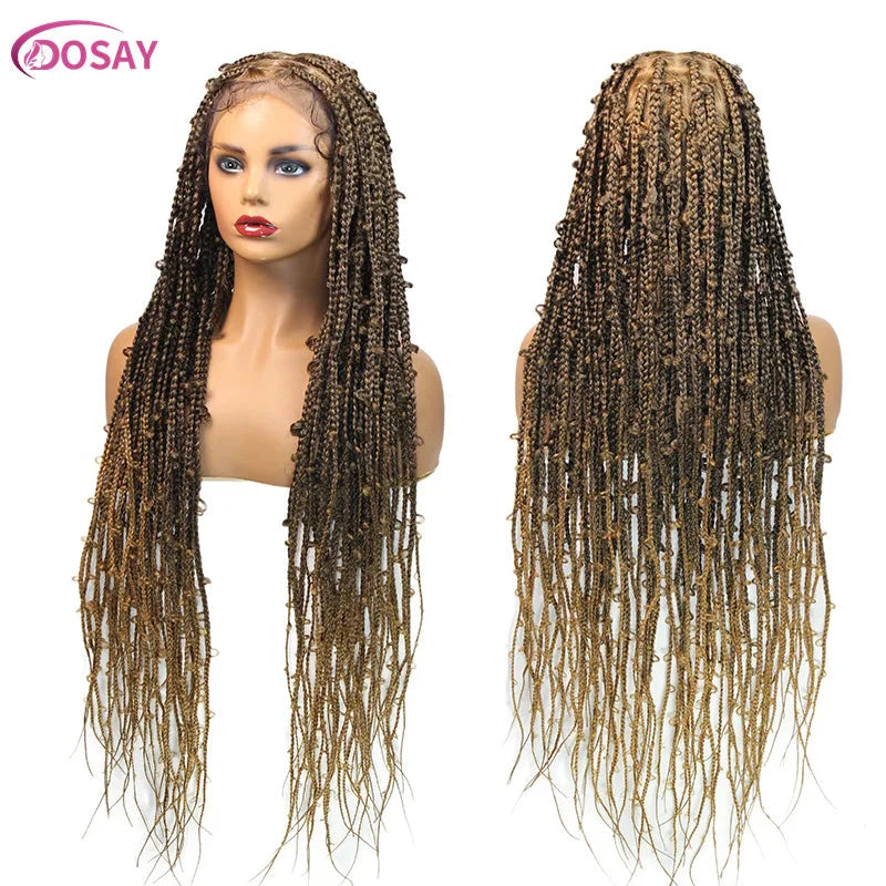36" Butterfly Braided Full Lace Wig | Honey Blonde & Burgundy Goddess Locs | Synthetic Box Braids | Transparent Lace
