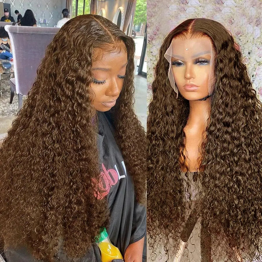 Chocolate Brown Deep Wave Frontal Wig | 13x4 HD Transparent Curly Lace Front Human Hair Wig (Bleached, Brazilian Brown Colored)