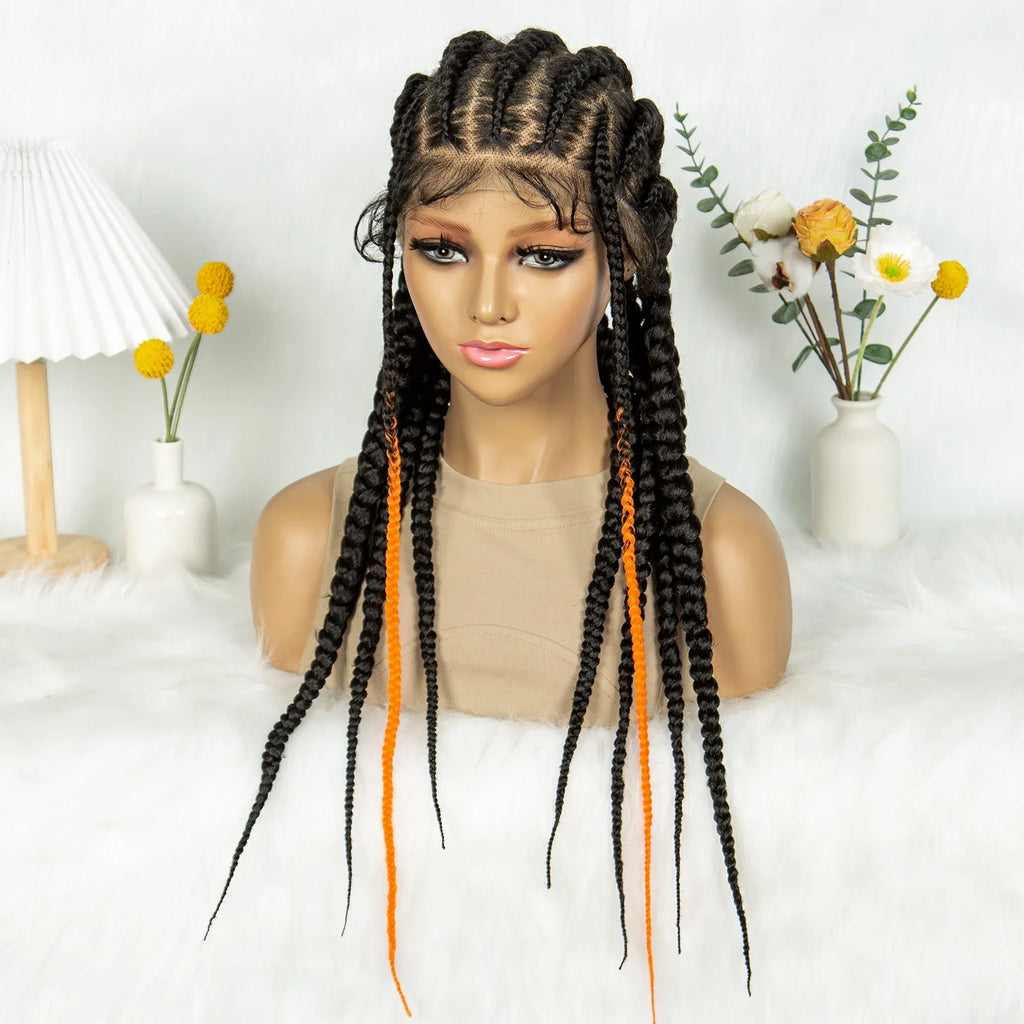 Knotless Box Braids Full Lace Wig | Cornrow Accents | Baby Hair | Synthetic Braided Wig