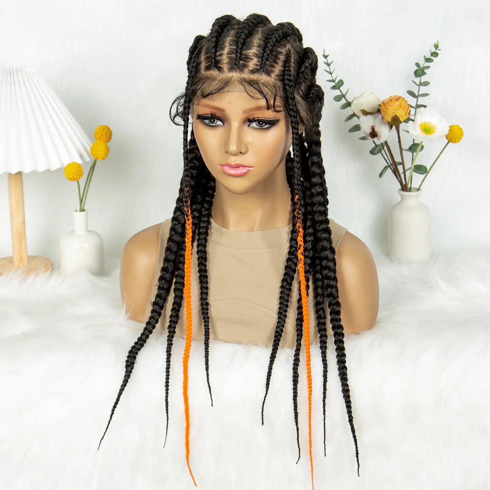 Knotless Box Braids Full Lace Wig | Cornrow Accents | Baby Hair | Synthetic Braided Wig