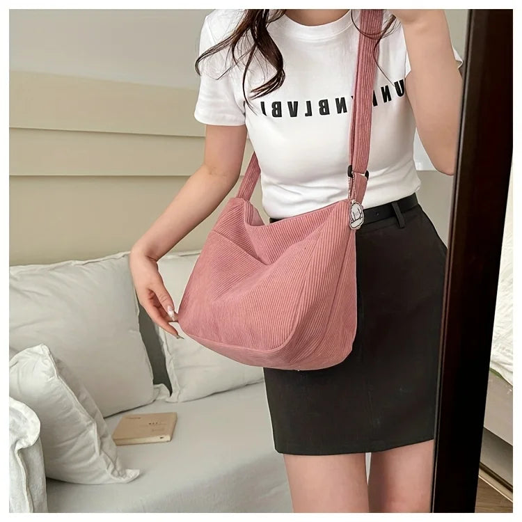 Women's Corduroy Shoulder Bag | Casual Striped Large Capacity Tote with Zipper (Cute Hat Patch, Everyday Use)
