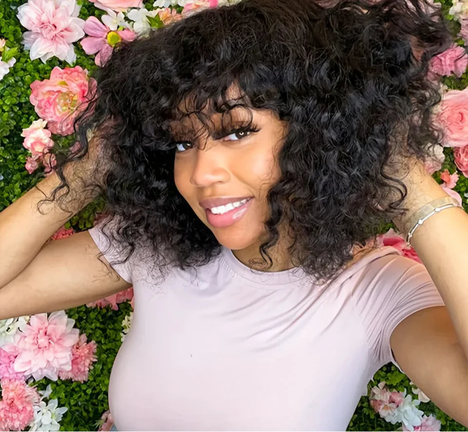 Highlight Honey Blonde Jerry Curly Pixie Bob Wig with Bangs | Full Machine Made Human Hair
