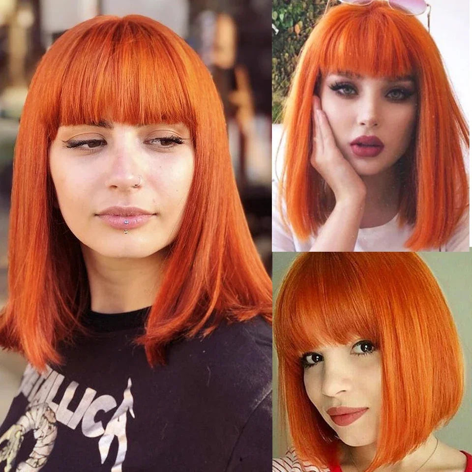 Rebecca Orange Blonde & 99J Red Straight Bob Wig with Bangs | Human Hair Machine Made