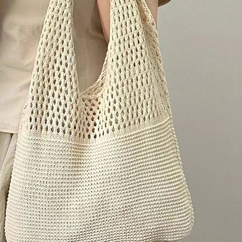 New Trend Women's Crochet Handbag | Retro Knitted Braid Solid Color Hollow Top-Handle Tote Bag (Black Khaki Shopper)