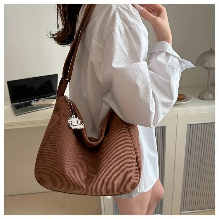 Women's Corduroy Shoulder Bag | Casual Striped Large Capacity Tote with Zipper (Cute Hat Patch, Everyday Use)