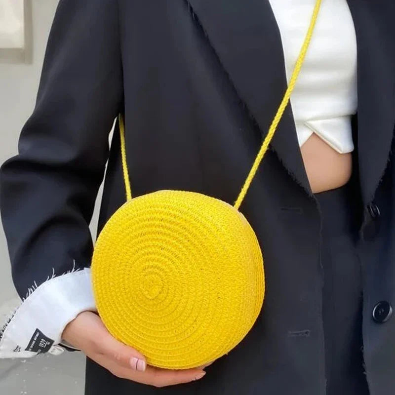 Summer Woven Straw Crossbody Bag for Women | Fashion Round Handmade Rattan Beach Small Handbag (Travel Female Shoulder Bag)
