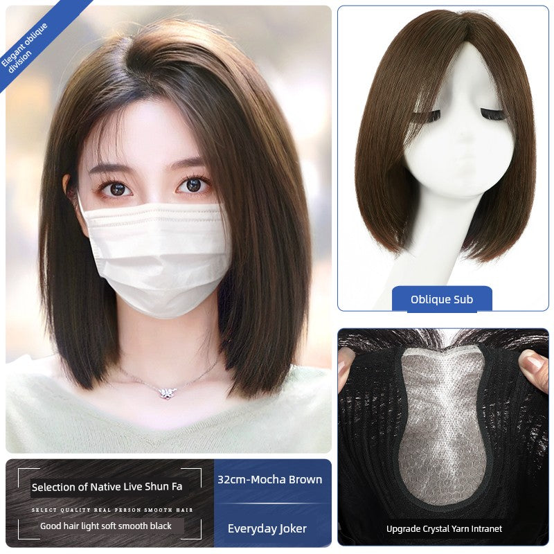 Natural Full-Head Human Hair Wig | Classy Collarbone Length Short Straight Wig with Oblique Bangs for Women (Sweet & Lovely, Elegant Style)