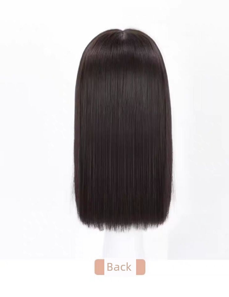 Elegant Mid-Length Straight Hair Wig for Women | Realistic Natural Full-Head Wig with Cartoon Straight Bangs (Age-Reducing, Daily Wear, Full Top)