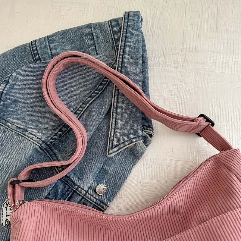 Women's Corduroy Shoulder Bag | Casual Striped Large Capacity Tote with Zipper (Cute Hat Patch, Everyday Use)