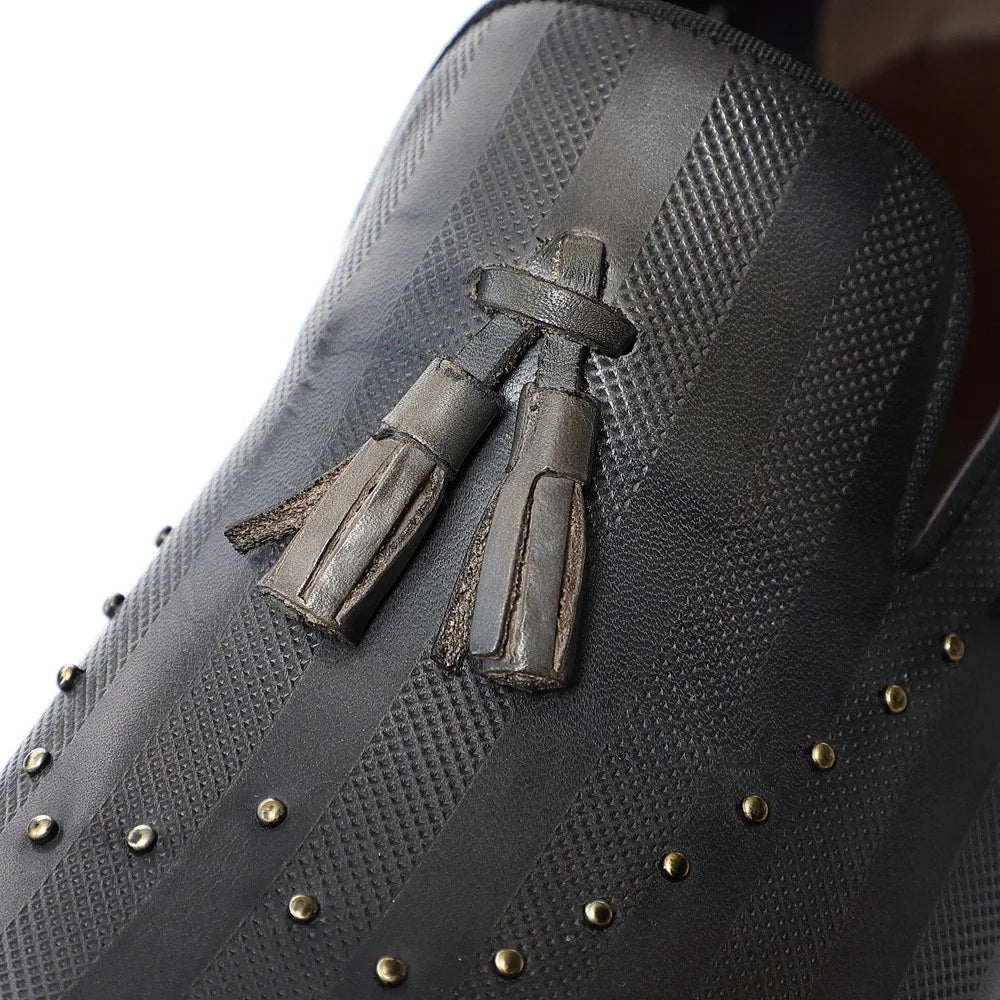 Top Grade Luxury Men's Genuine Leather Loafers | Original Stripe Rivets & Tassel Casual Flat Shoes