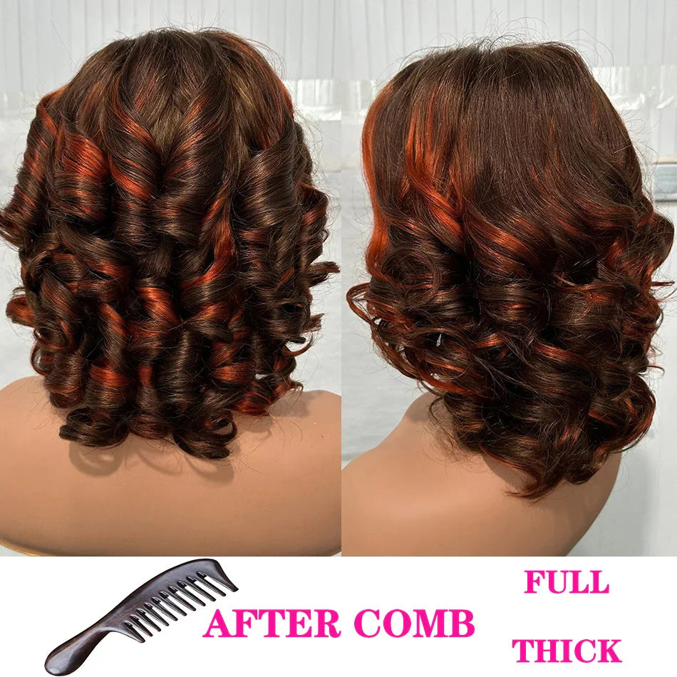Malaysian Hair | Double Drawn | P4 27 | Ombre | Highlight | Bouncy Wave | Wear and Go | Glueless | Human Hair | Bob Curly Wigs