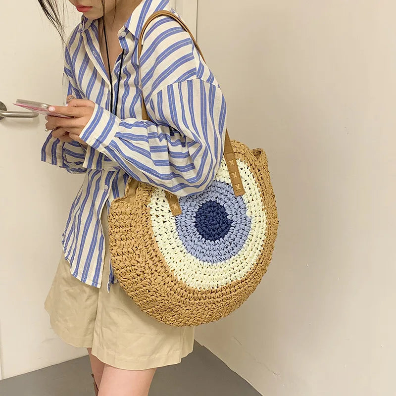 Large Capacity Round Women's Fashionable Straw Woven Shoulder Bag | Handmade Summer Beach Travel Holiday Women Tote Bags