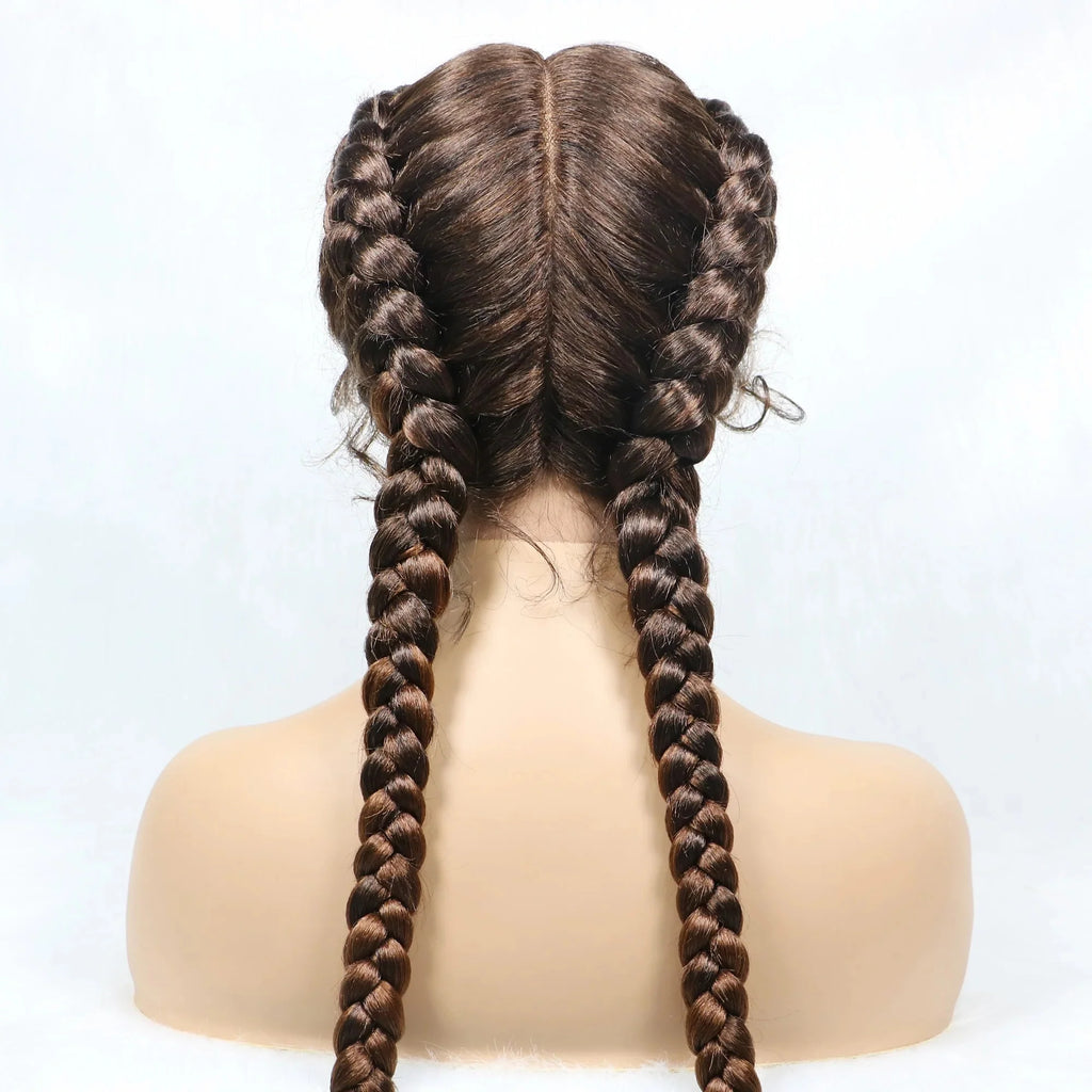 Handmade Double Dutch Cornrow Braided Wig | Natural Black Lace Front | Baby Hair | Kanekalon Synthetic Wig for Women