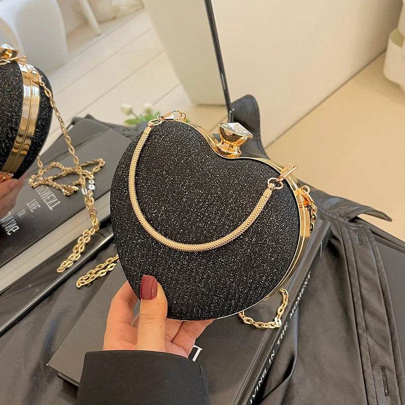 Shiny Heart Shape Metal Evening Clutch Bag for Women | Fashion Chain Shoulder Crossbody Bag (Luxury Lady Purse)