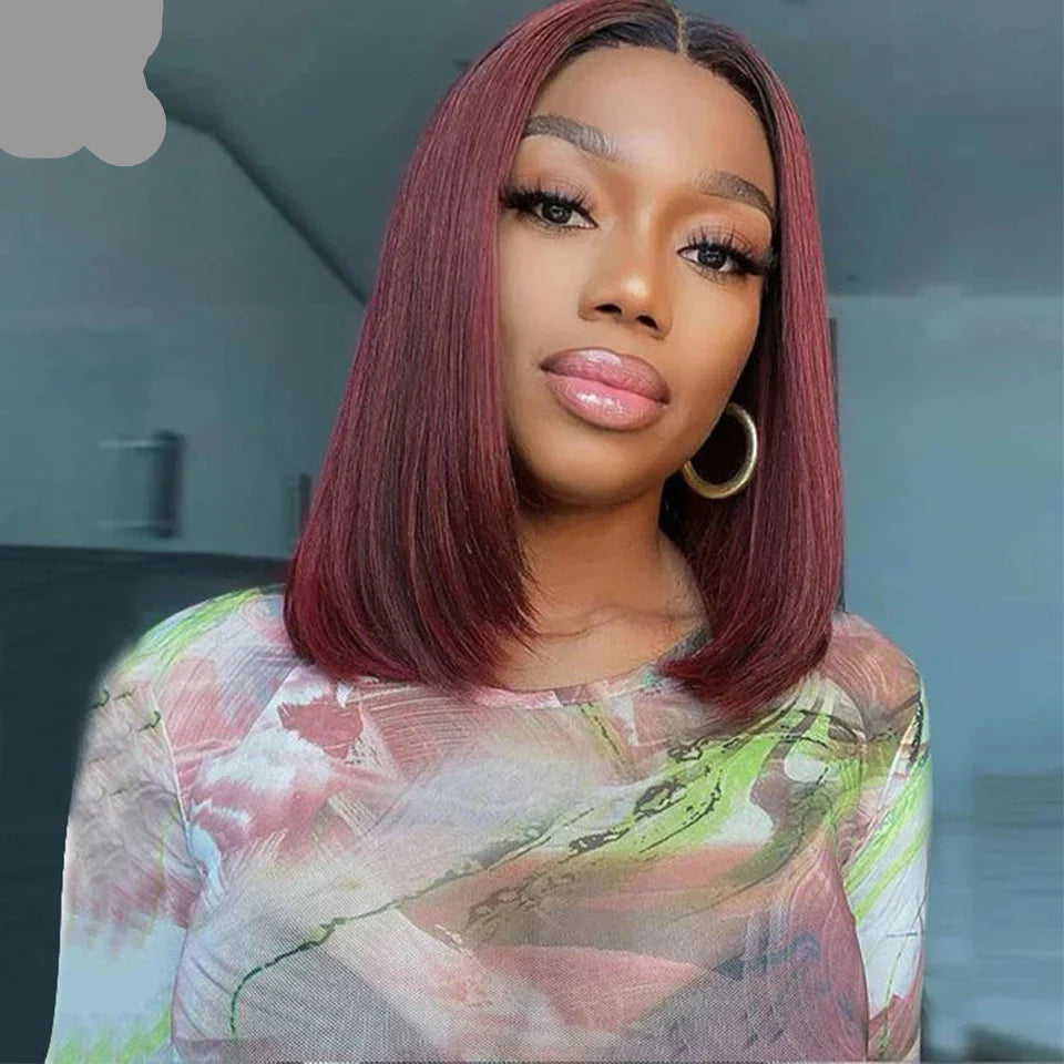 Wine Red Ombre 1B-99J Straight Bob Wig | 13x4 Transparent Lace Front Brazilian Human Hair