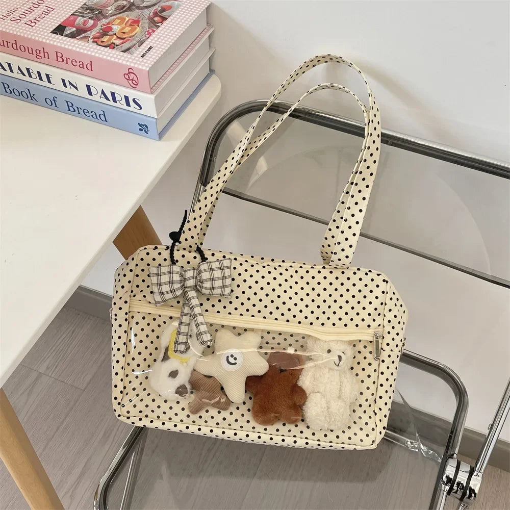 Y2K Ulzzang Ita Bag for Women | Trendy Polka Dot Canvas Shoulder & Underarm Tote (Transparent Pocket, Youth Fashion)