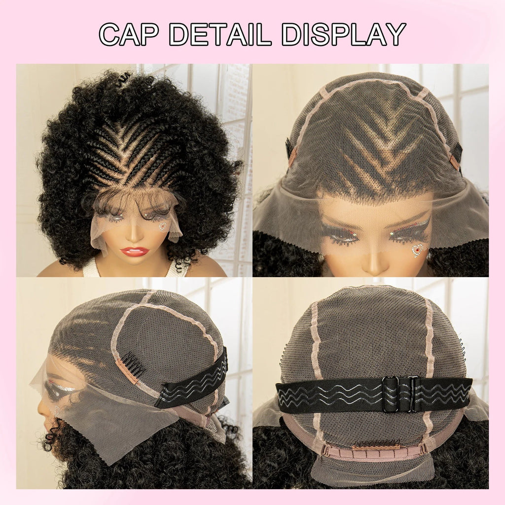 Premium Full Lace Afro Braided Wig - 8 Inch Short Kinky Curly Cornrow Braids Wig with Baby Hair - Natural Look