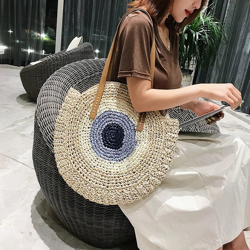 Large Capacity Round Women's Fashionable Straw Woven Shoulder Bag | Handmade Summer Beach Travel Holiday Women Tote Bags