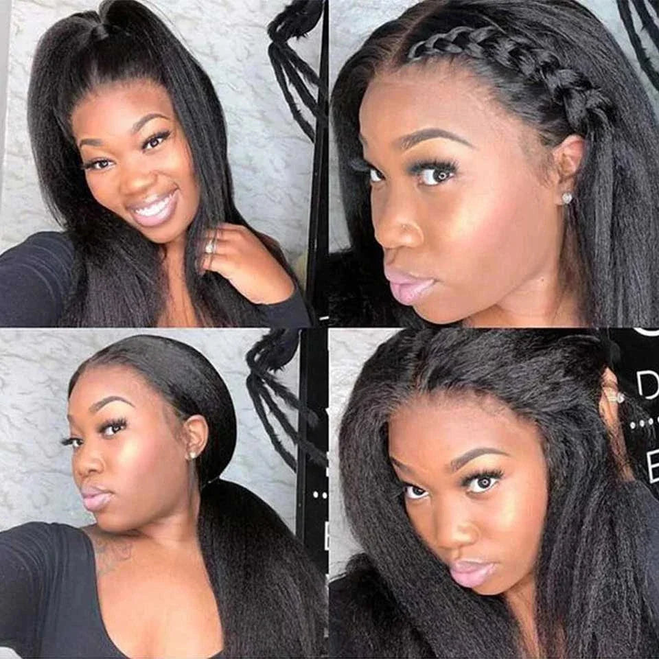 Kinky Straight 360 HD Lace Frontal Wig | Yaki Straight Ponytail Human Hair Wig for Black Women (Transparent Lace, Clearance Sale)