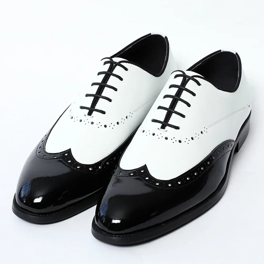 Elegant Men's White & Black Wingtip Brogue Oxfords | Genuine Leather Wedding, Party & Social Dress Shoes