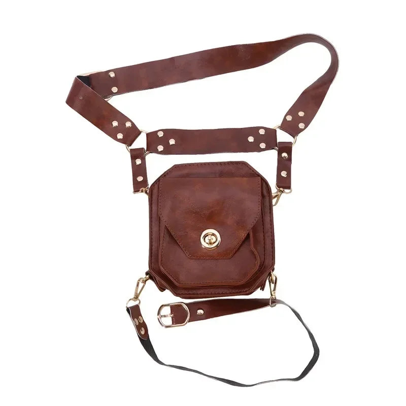Punk Retro PU Square Waist Bag | Casual Small Square Hip Packs for Women (Multi-function Outdoor Leg Phone Pouch & Crossbody)