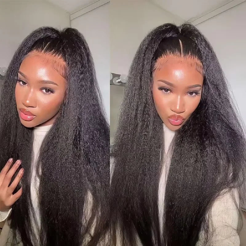 Kinky Straight 360 HD Lace Frontal Wig | Yaki Straight Ponytail Human Hair Wig for Black Women (Transparent Lace, Clearance Sale)
