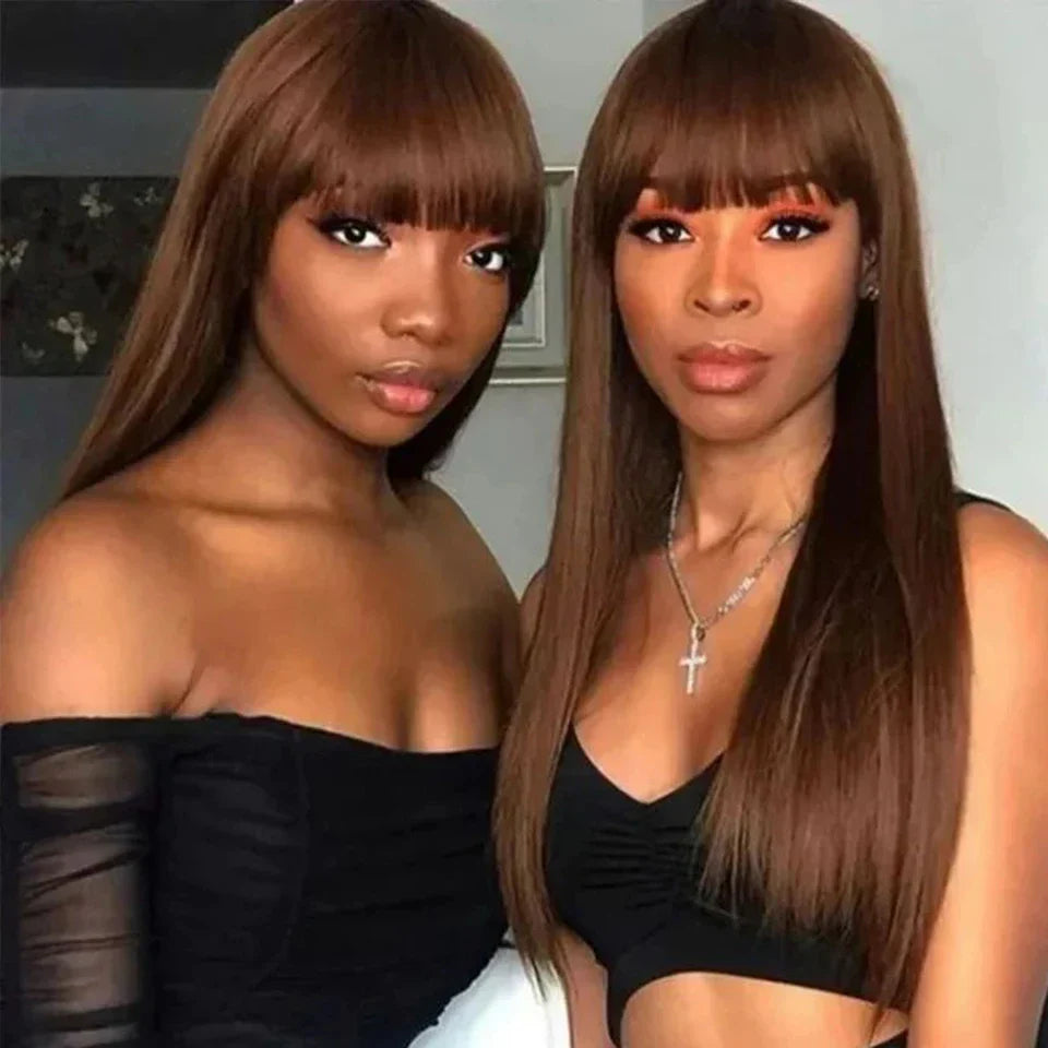 Reddish Brown Human Hair Wig with Bangs | Easy Layer Cut Straight Remy Hair for Women (Affordable)