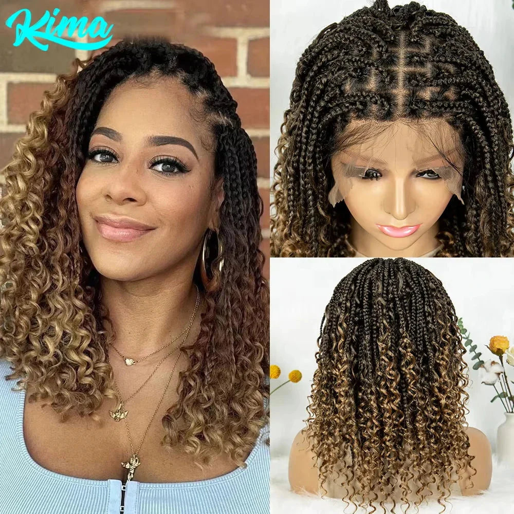 Short Bohemian Box Braids Wig | Full Lace | Curly Ends | Baby Hair | Synthetic Boho Wig