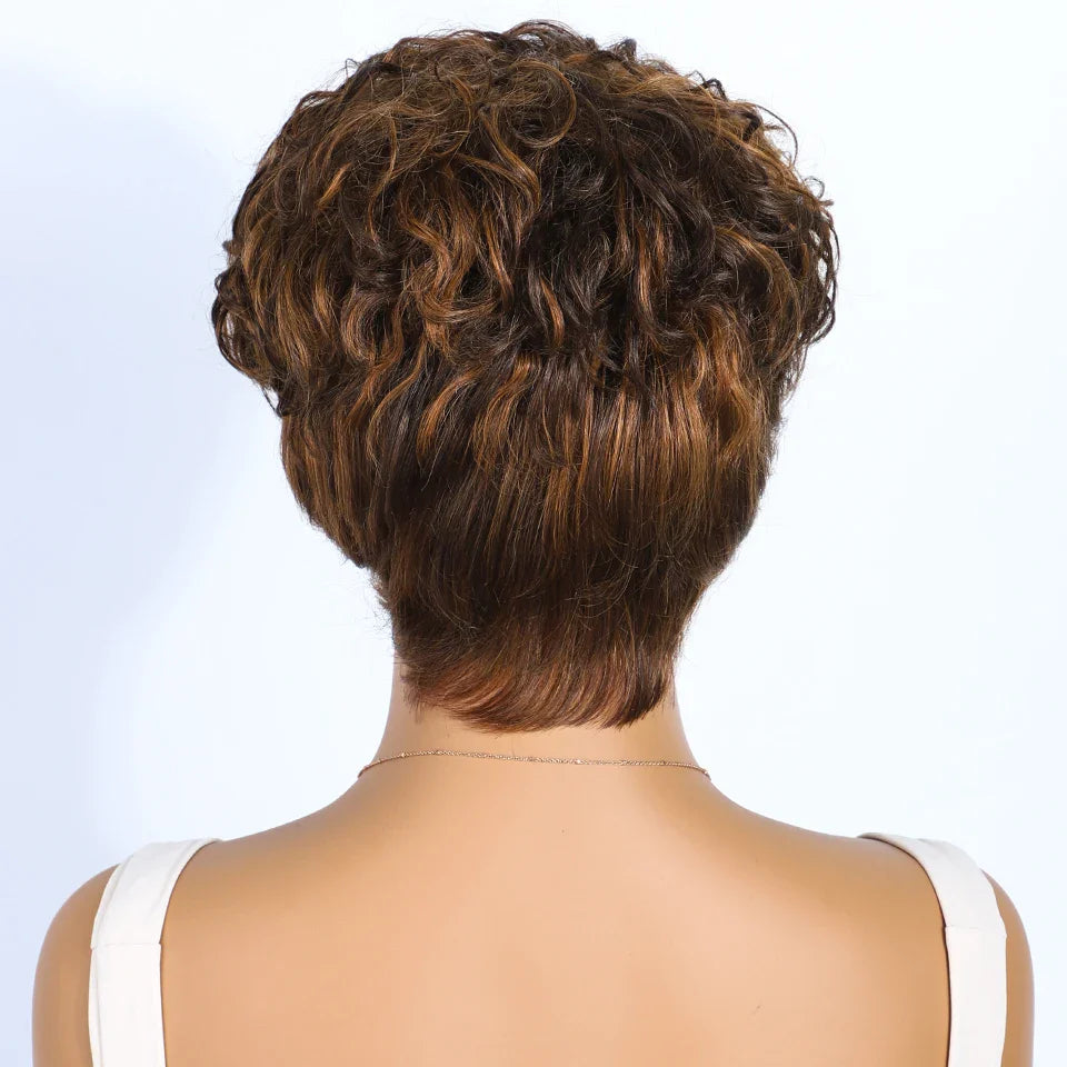 Rebecca P1B/30 Brown Pixie Cut Wig | Curly Side Part Brazilian Human Hair