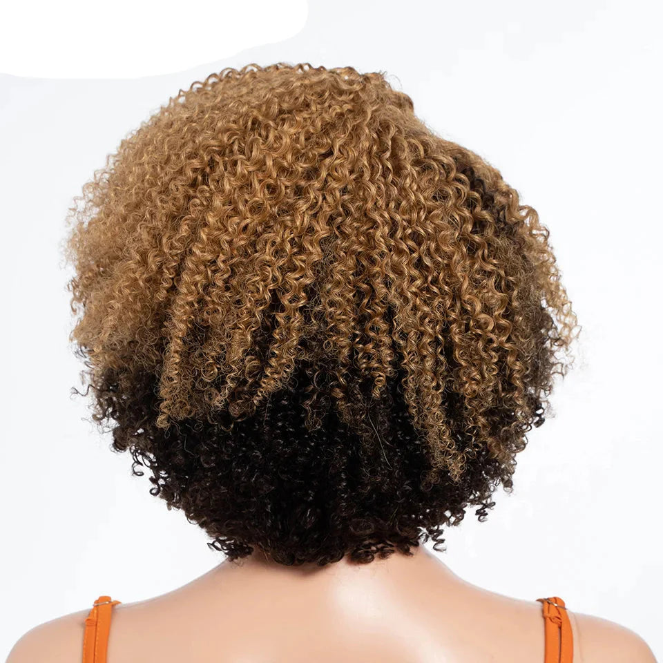 Ombre Honey 4/27 Afro Kinky Curly Bob Wig | Short Human Hair Lace Wig with Baby Hair