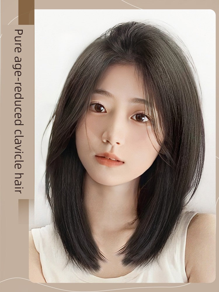 Women's Long Hair Lace Eight-Word Bangs Collarbone Length Wig | Artificial Full Real Human Hair Seamless Full-Head Wig